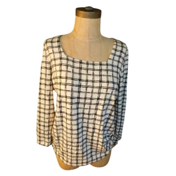 Chico's Size S Small (0) STRETCH Plaid Squared Neck 3/4 Sleeve Top - Picture 1 of 2